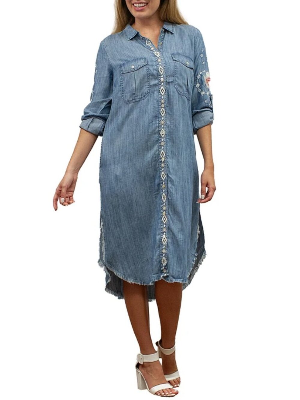 Karyn Seo Floral Embroidered Long Sleeve Button Front Denim Dress - Picture 4 of 5